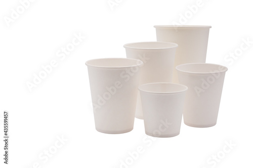 Disposable white paper cups, isolated on white background. Takeaway drinks.