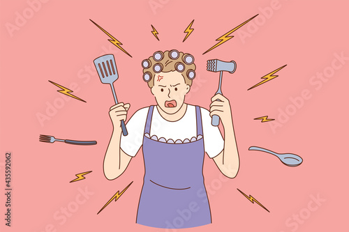 Crazy housewife at home concept. Young crazy angry woman cartoon character in apron cooking with cookware in hands over red background vector illustration 