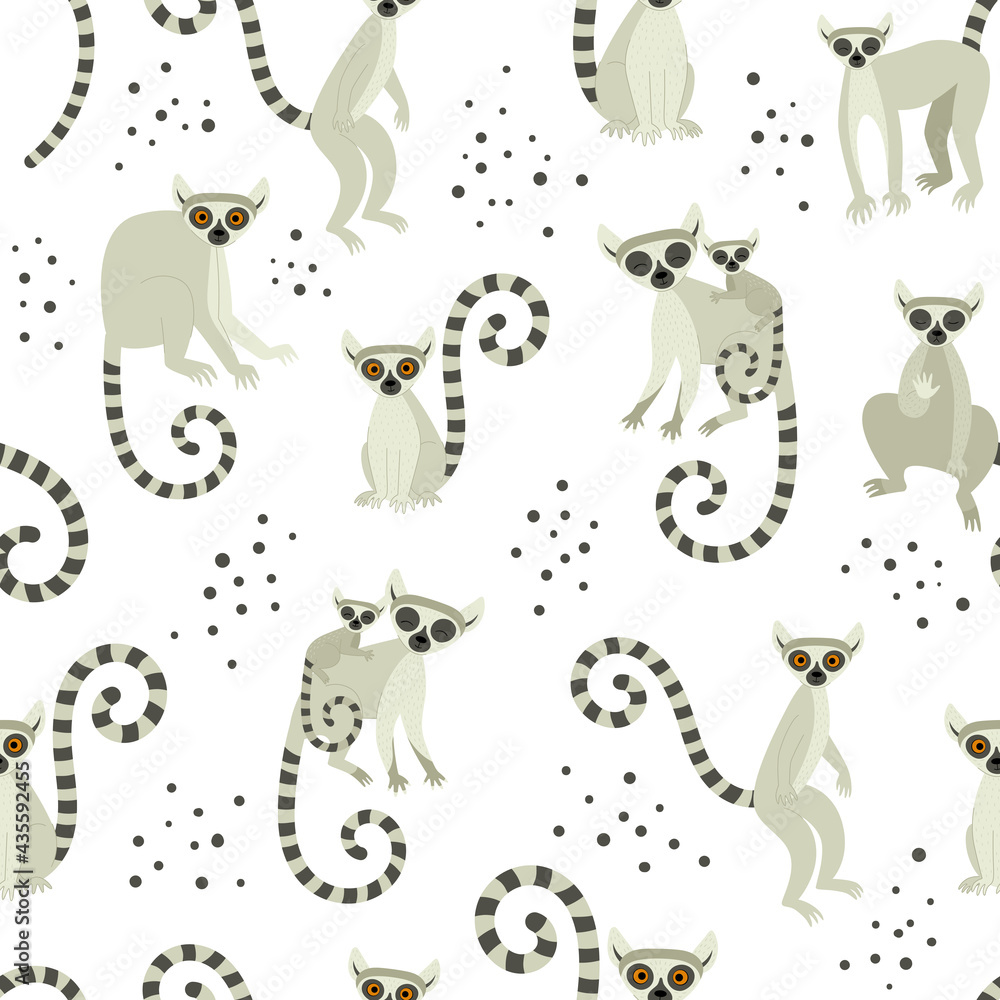 Obraz premium Seamless pattern with lemurs on a white background. Exotic cute animals of madagascar and africa. Vector illustration in flat style