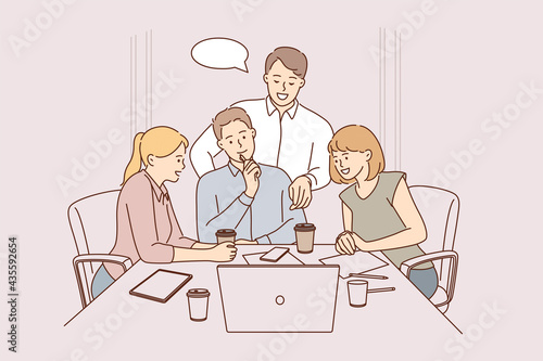 Team, brainstorm, collaboration concept. Group of young smiling people business partners workers colleagues sitting at laptop discussing corporate development in office vector illustration 