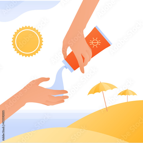 Sun screen protection cream concept. Vector flat people illustration. Human hand squeeze sunscreen cream. Beach with umbrella and sea on background. Design for cosmetic industry and dermatology.
