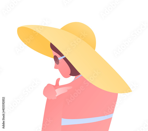 Sun screen protection cream concept. Vector flat people illustration. Tan female avatar in hat and swimsuit apply suncream to shoulder. Design for cosmetic industry and dermatology.