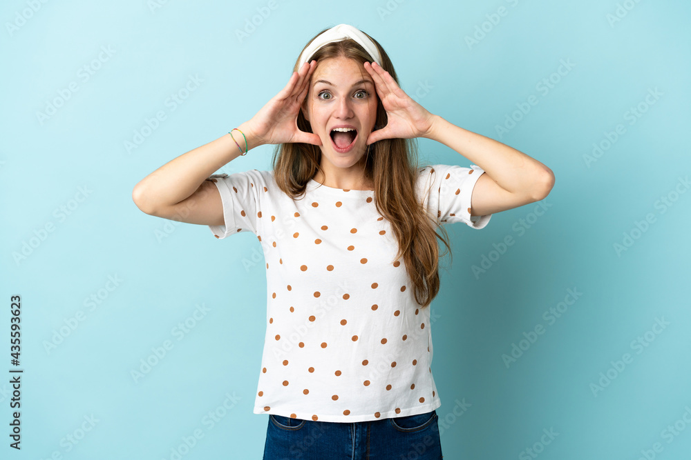 Young caucasian woman over isolated background with surprise expression Young caucasian woman over isolated background with surprise expression
