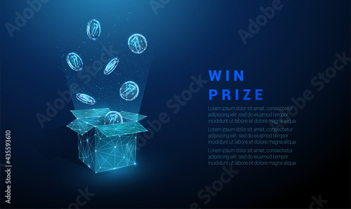 Abstract blue coins flying from open gift box