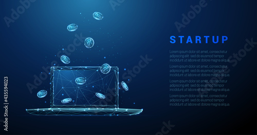 Abstract low poly blue laptop with falling coins