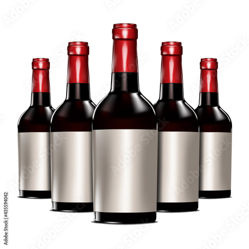 Dark glass red wine bottles with blank labels isolated on white background. Realistic illustration. Vector mock-up