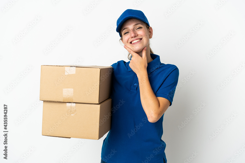 Young delivery woman isolated on white background happy and smiling Young delivery woman isolated on white background happy and smiling
