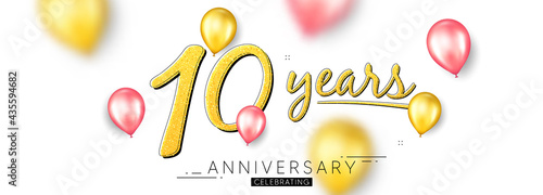 10th Anniversary celebration background. Frame banner with realistic 3d air balloons. Birthday party event decoration. 10 years Anniversary invitation with balloons. Vector celebration background.
