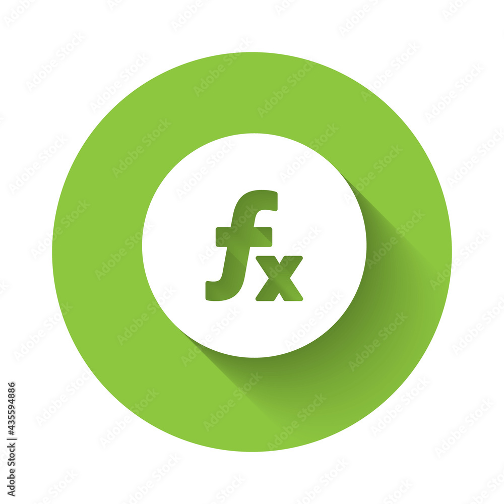 White Function mathematical symbol icon isolated with long shadow. Green circle button. Vector White Function mathematical symbol icon isolated with long shadow. Green circle button. Vector
