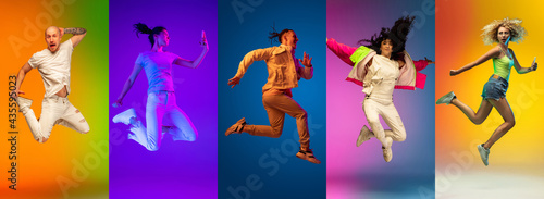 Portrait of group of people on multicolored background in neon light  collage.