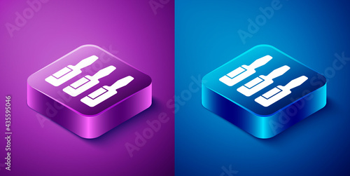 Isometric Medical vial, ampoule, bottle icon isolated on blue and purple background. Vaccination, injection, vaccine healthcare concept. Square button. Vector