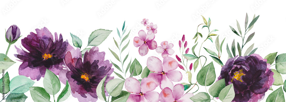 Watercolor purple flowers and green leaves seamless border illustration - obrazy, fototapety, plakaty 