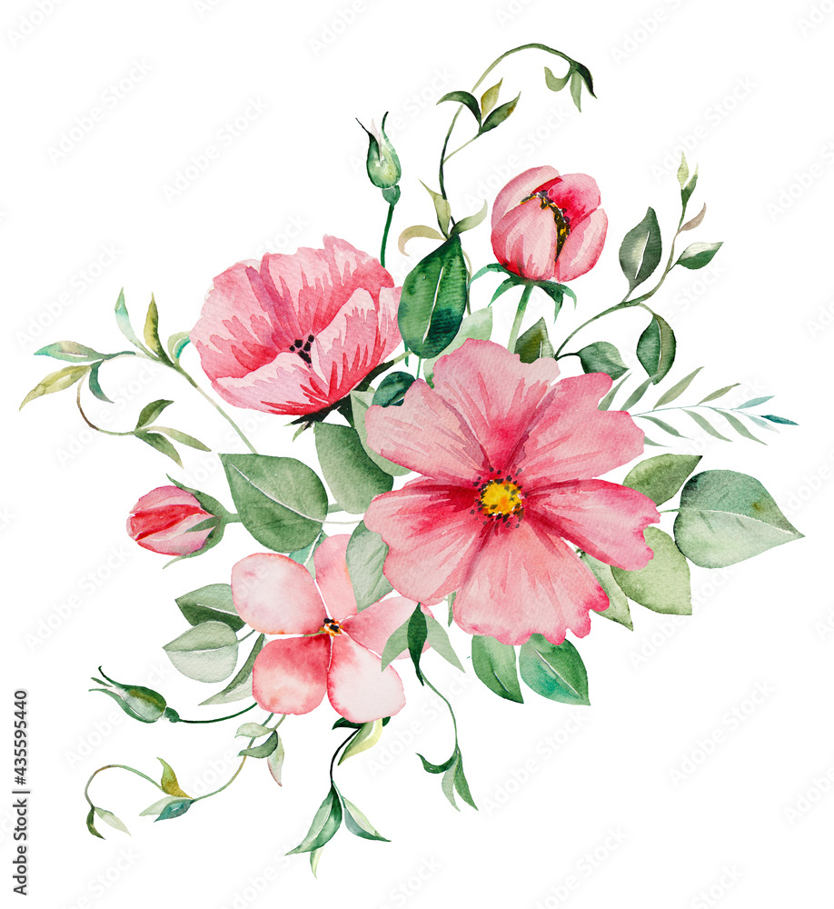 Watercolor pink flowers and green leaves bouquet illustration Stock ...