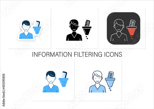 Information filtering system icons set. Filtering information, searching for truthful info. Collection of icons in linear, filled, color styles. Isolated vector illustrations