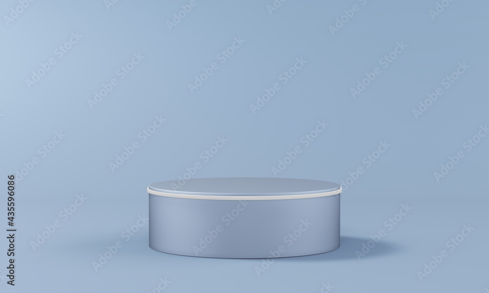 Single pedestal in the shape of a cylinder with a light rim on a blank background in blue pastel colors. Studio lighting. 3d render. Single pedestal in the shape of a cylinder with a light rim on a blank background in blue pastel colors. Studio lighting. 3d render.