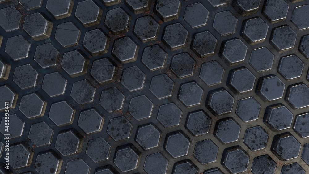 Abstract 3d background from metal hexagons with slight rust and relief ...