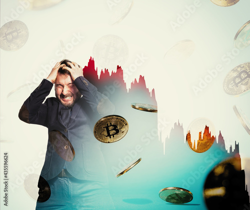 Foto Double exposure with sad man, rain of bitcoin and bitcoin fall chart