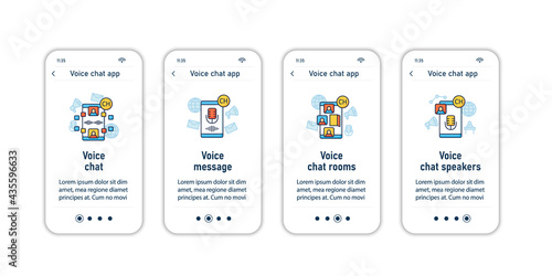 Drop in audio app onboarding mobile app screens. Application rules steps menu. Voice chat and message, rooms, speakers. Set of UI, UX, web template with RGB color linear icons