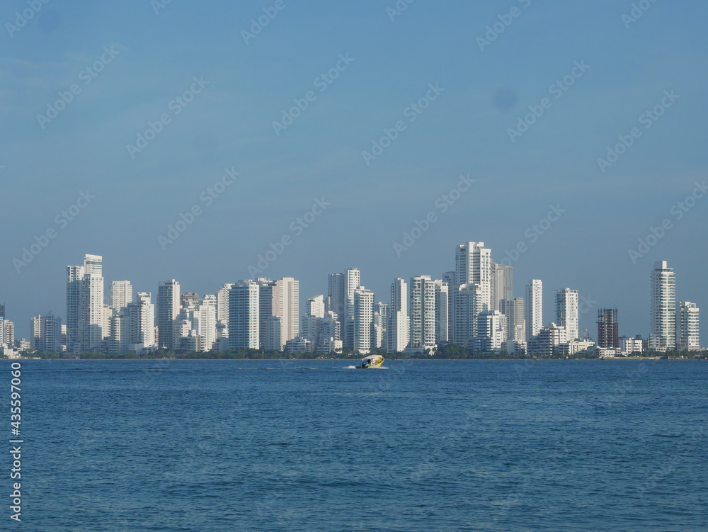Fototapeta premium Cartagena Skyscrapers in Colombia, view from Tierra Bomba Island