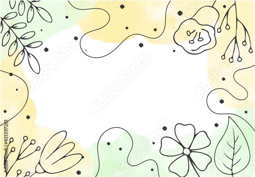 Minimal floral background with hand drawn simple outline flowers and leaves. Abstract romantical banner template. Congratulations  vector concept