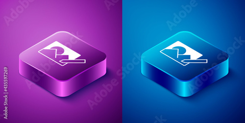 Isometric Photo retouching icon isolated on blue and purple background. Photographer, photography, retouch icon. Square button. Vector