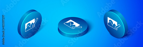 Isometric Photo retouching icon isolated on blue background. Photographer, photography, retouch icon. Blue circle button. Vector