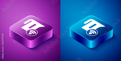 Isometric Smart electric kettle system icon isolated on blue and purple background. Teapot icon. Internet of things concept with wireless connection. Square button. Vector