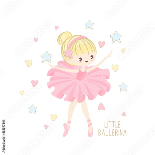 Cute ballerina on the background of stars, clouds and hearts. Vector illustration in a simple style.