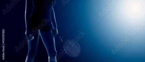 Tennis girl hold racket and ball on dark background. Player doing sport workout online. Sport and recreation concept. Black and white color filter © Augustas Cetkauskas