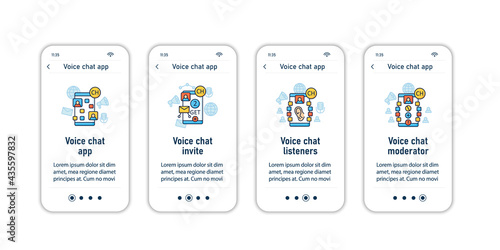 Drop in audio app onboarding mobile app screens. Application rules steps menu.Chat invitation link, listeners, moderator.Set of UI, UX, web template with RGB color linear icons