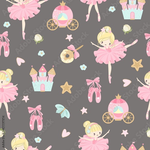 Seamless pattern with a Little Ballerina on a beautiful background.Vector illustration in a simple style.