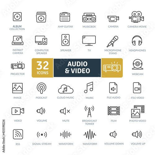 Audio Video Icons Pack. Thin line icons set. Flat icon collection set. Simple vector icons
