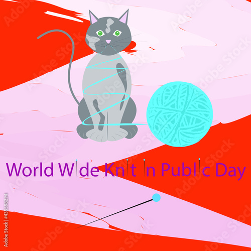 World Knitting Day in public. Gray cat tangled in blue threads on a colored background. Needlework accessories. Vector illustration. 