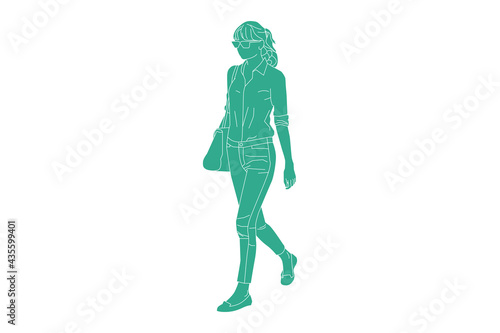 Vector illustration of casual woman walking on the sideroad with her bag, Flat style with outline