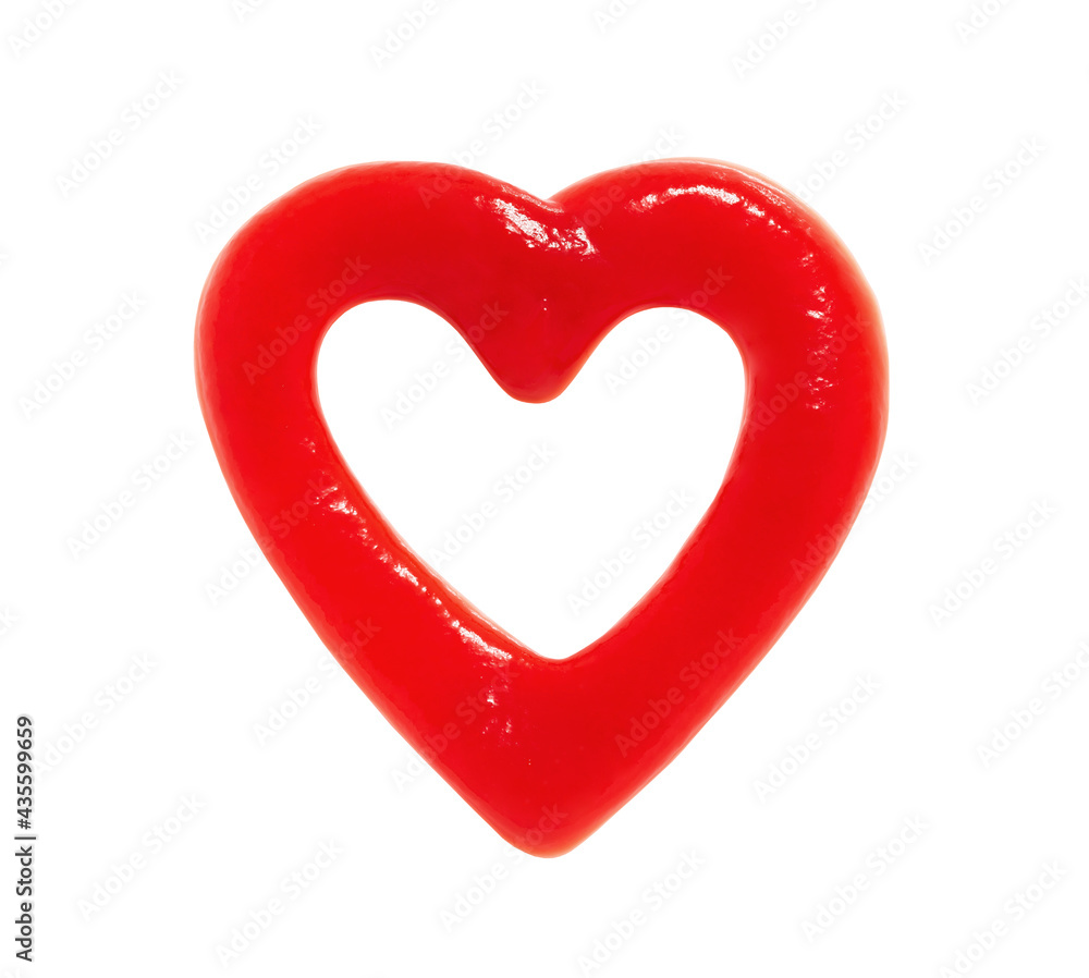 Ketchup divorce in the form of a heart, symbol of love isolated on white background with clipping path, element of packaging design. Full depth of field. Ketchup divorce in the form of a heart, symbol of love isolated on white background with clipping path, element of packaging design. Full depth of field.