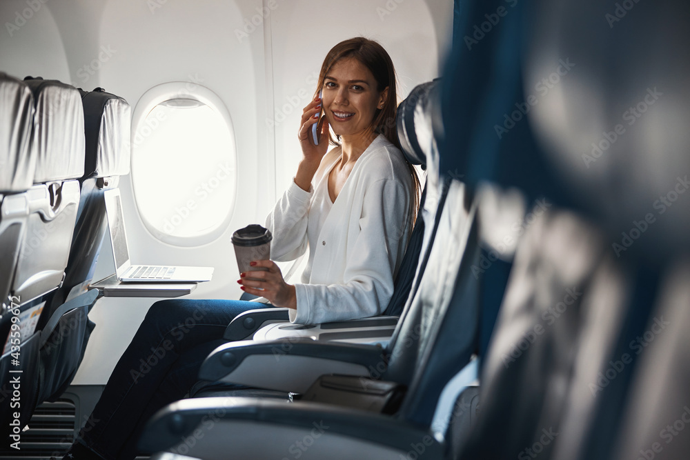 Attractive young lady having phone talk in the plane