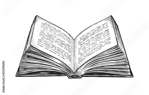 Open book with pages. Hand drawn vector sketch in vintage style