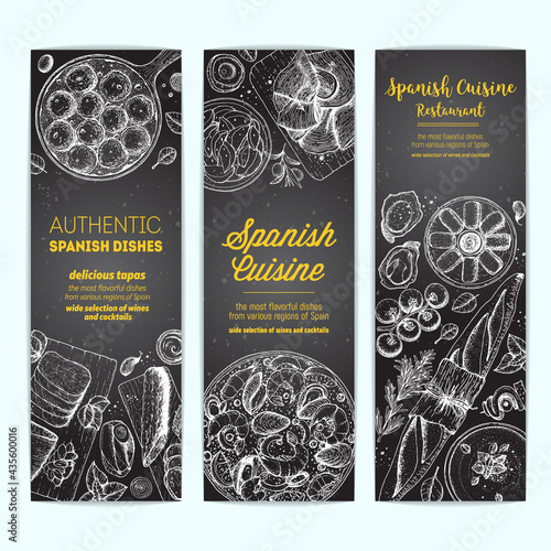 Spanish cuisine banner collection. Set spanish dishes with albondigas, mojama, bocadillo, paella. Food menu design template. Vintage hand drawn sketch vector illustration. Engraved image.