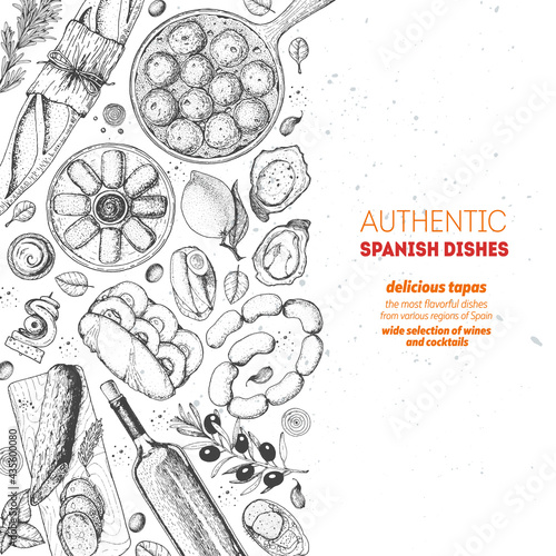 Spanish cuisine top view frame. A set of spanish dishes with albondigas, mojama, bocadillo, spanish croquetas. Food menu design template. Vintage hand drawn sketch vector illustration. Engraved image.
