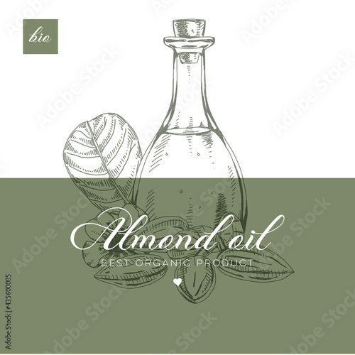 Poster with almond oil bottle, retro hand drawn vector illustration.