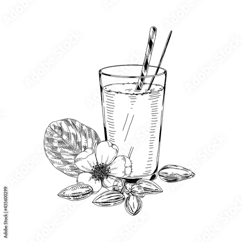 Almond milk glass with straw, retro hand drawn vector illustration.