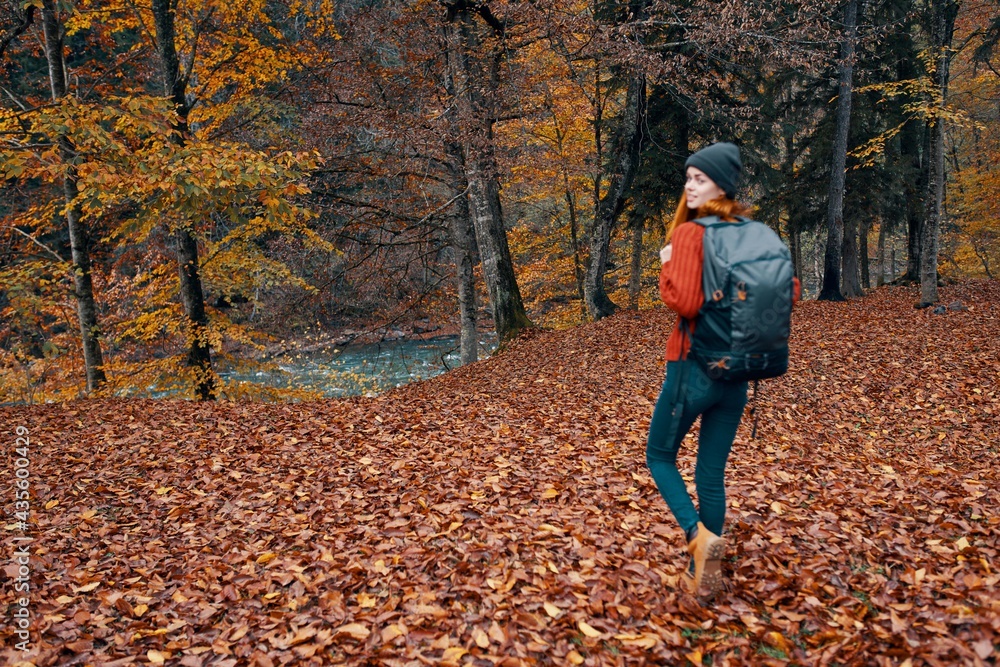 happy young woman with a backpack in jeans boots and a sweater are walking in the autumn forest near the tall trees happy young woman with a backpack in jeans boots and a sweater are walking in the autumn forest near the tall trees