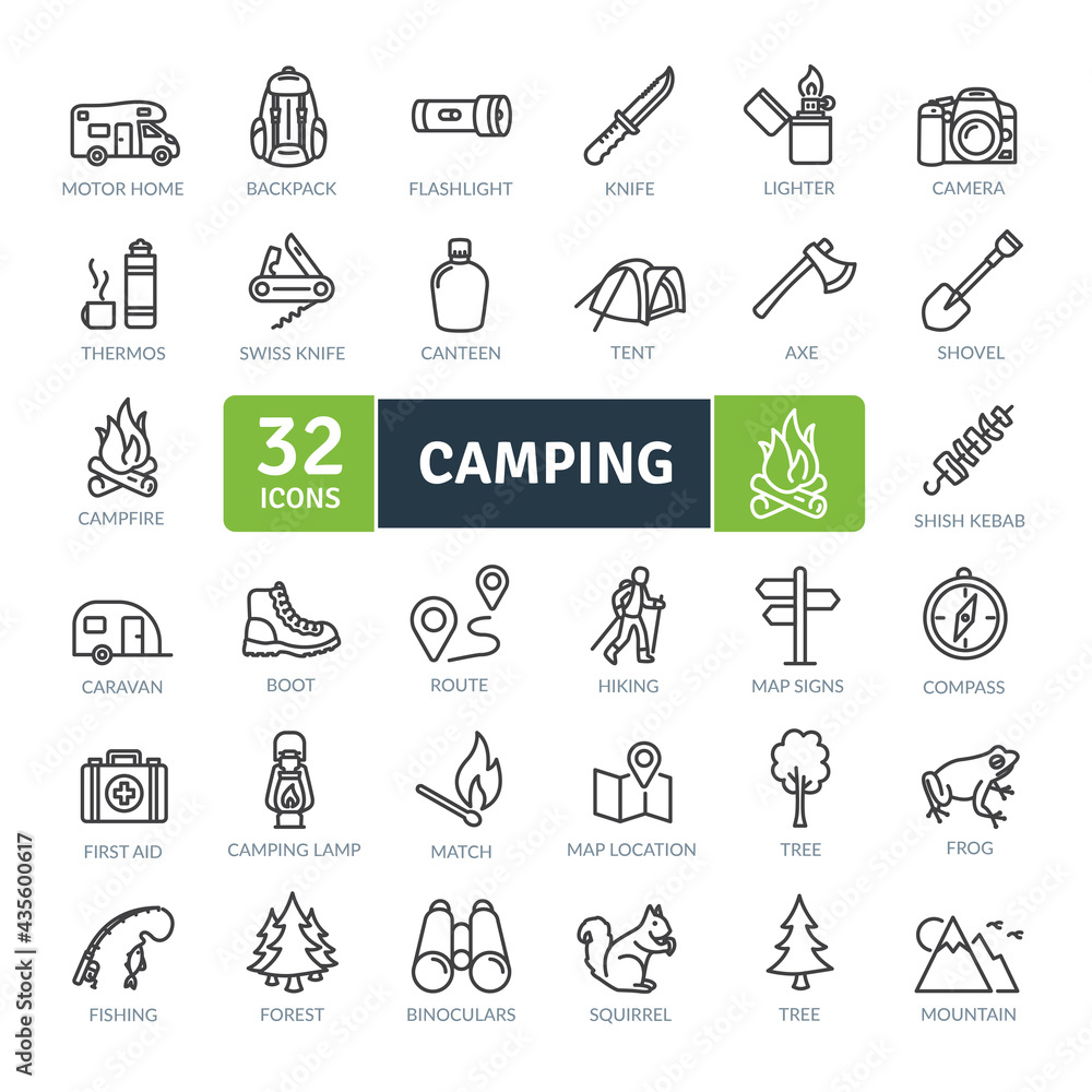 Camping Icons Pack. Thin line icons set. Flat icon collection set. Simple vector icons Camping Icons Pack. Thin line icons set. Flat icon collection set. Simple vector icons