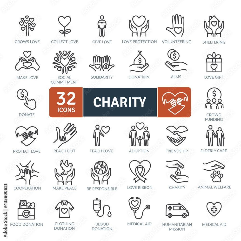 Charity Icons Pack. Thin line icons set. Flat icon collection set. Simple vector icons