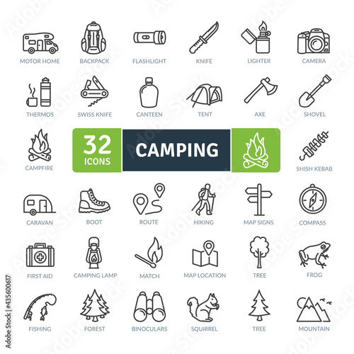 Camping Icons Pack. Thin line icons set. Flat icon collection set. Simple vector icons