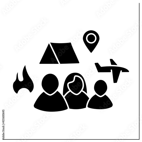 Refugees glyph icon. Forced country leaving. Family escape from bad living conditions. Living in tent, temporary residence. Migration concept.Filled flat sign. Isolated silhouette vector illustration