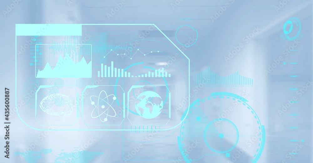 Composition of screen with medical data over hospital Composition of screen with medical data over hospital