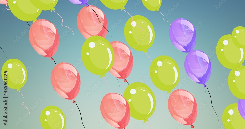 Composition of multiple pink, green and purple balloons on blue background