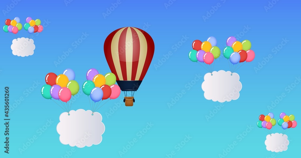Composition of hot air balloon and multiple balloons with clouds and copy space on blue background Composition of hot air balloon and multiple balloons with clouds and copy space on blue background