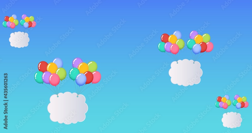 Composition of multiple colourful balloons with clouds and copy space on blue background